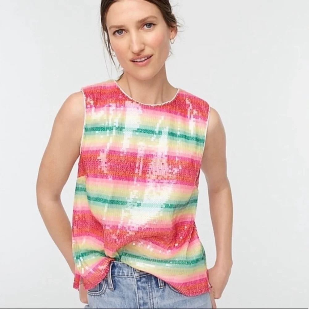NWT J. Crew Sleeveless Sequin Tank Watermelon Stripes Sparkle Shine Size XS